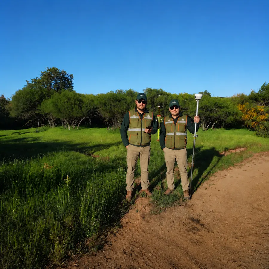 Equipo profesional de Arriagada Consultores realizando mediciones topográficas en terreno